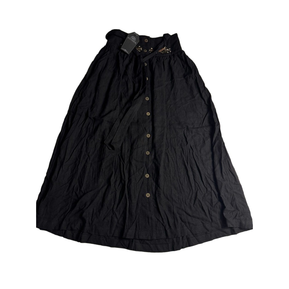 Disturbia Abellona Embroidered Tie Waist Midaxi Skirt Black Cotton Linen US 2 UK
